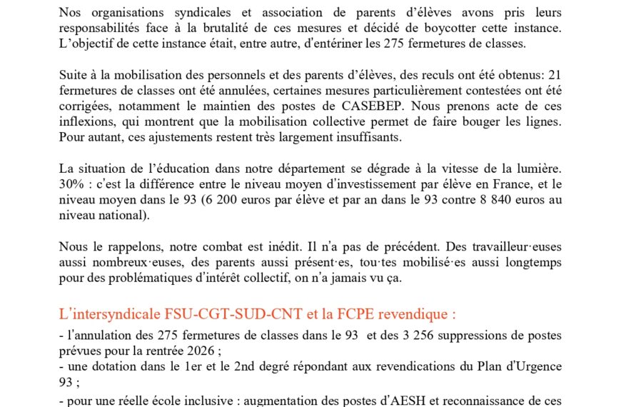 Un rassemblement important contre les suppressions de classes et de postes, la lutte doit continuer pour le plan d’urgence 93 !